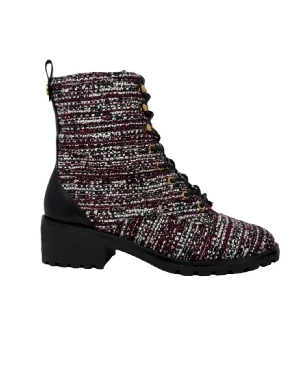 Tory Burch Miller Combat Tweed & Leather Lace Up Booties Burgundy/White - 9M